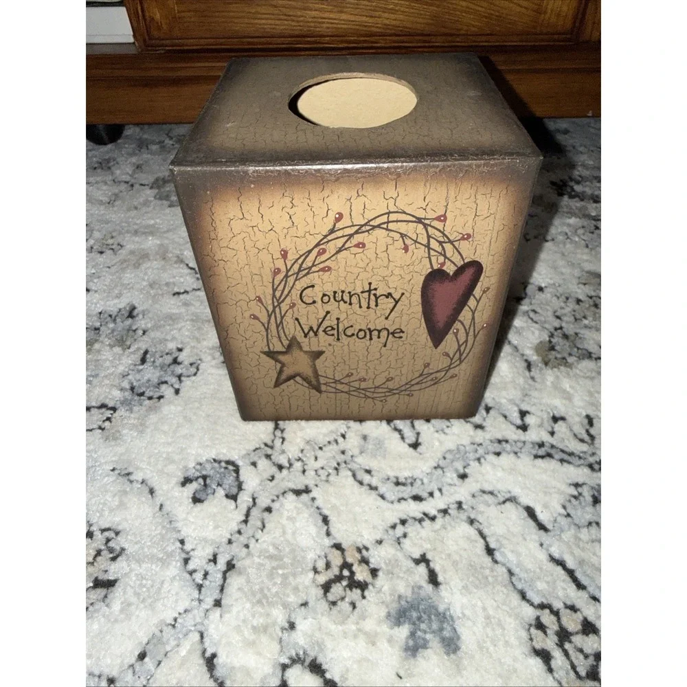 VTG Pressed Paper Cottage Tissue Box Cover Country Shabby Painted Primitive
